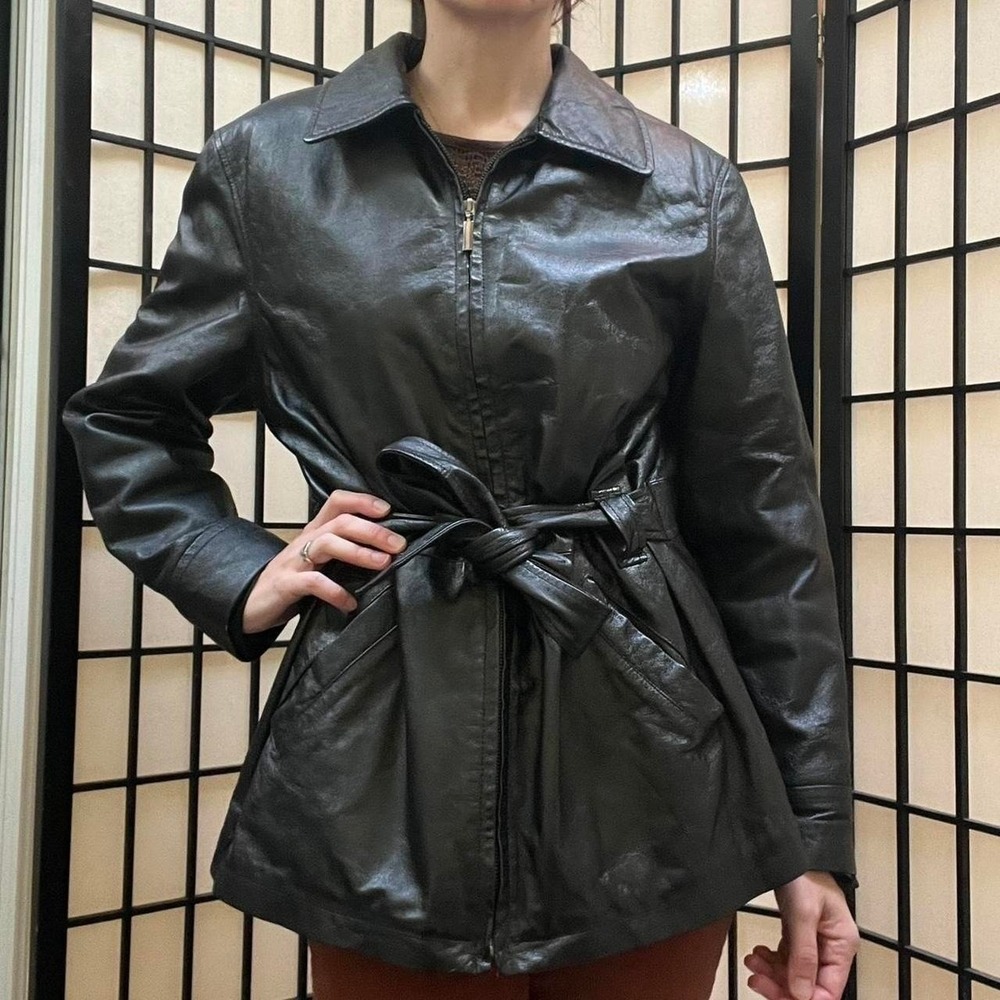 Black Leather Zip Up Jacket with Belt VTG 90s Timothy Daniels Medium